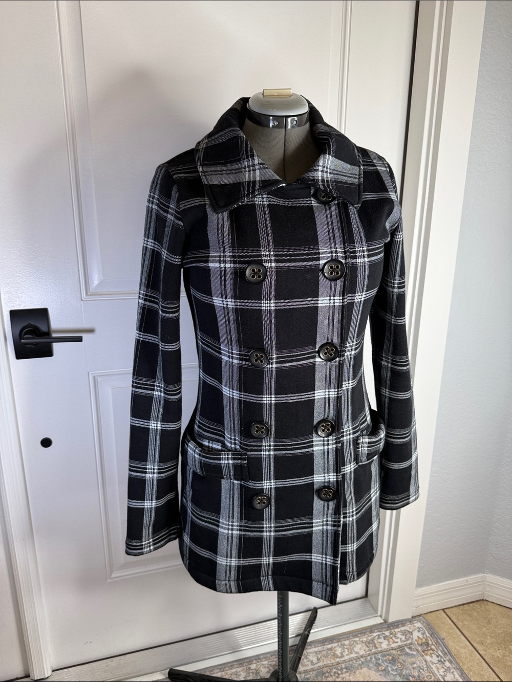 Billabong Black & Gray Plaid Double-Breasted Pea Coat